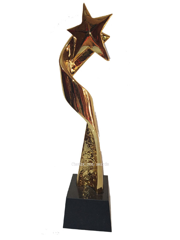 Award plaque in gold tone with detachable black pedestal